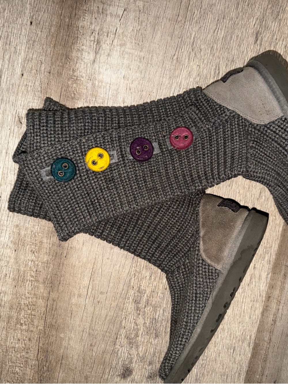 UGG Kids Gray Knit Button Boots with Multicolor Buttons